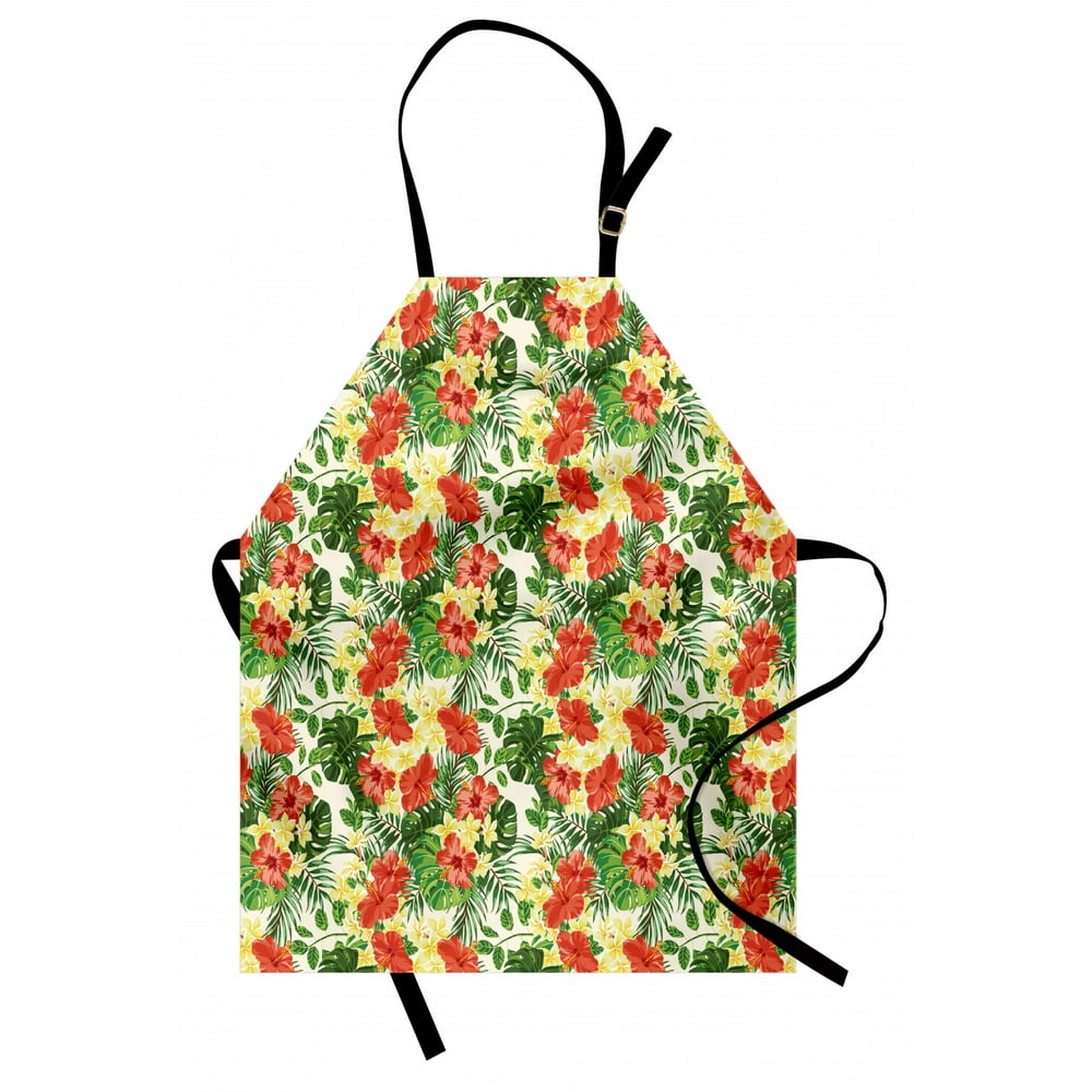 Tropical Apron Exotic Pattern with Plumeria Hibiscus Monstera Palm ...