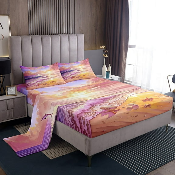 Erosebridal Sea Dolphin Sheet Set Twin,Starfish Seashell Bedding Sets Twin Size,Ocean Beach Twin Sheet Sets,Lightweight Summer Holiday Bedroom Decorative,3pcs