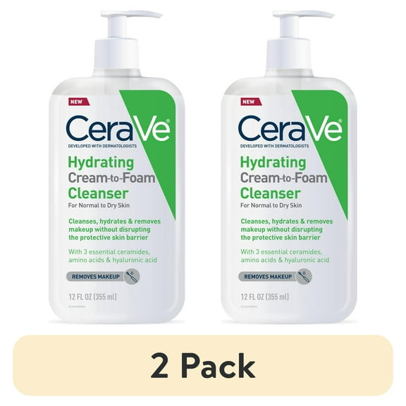 (2 pack) CeraVe Hydrating Cream-to-Foam Cleanser, Makeup Remover and Face Wash, with Hyaluronic Acid, Fragrance Free, 12 fl oz