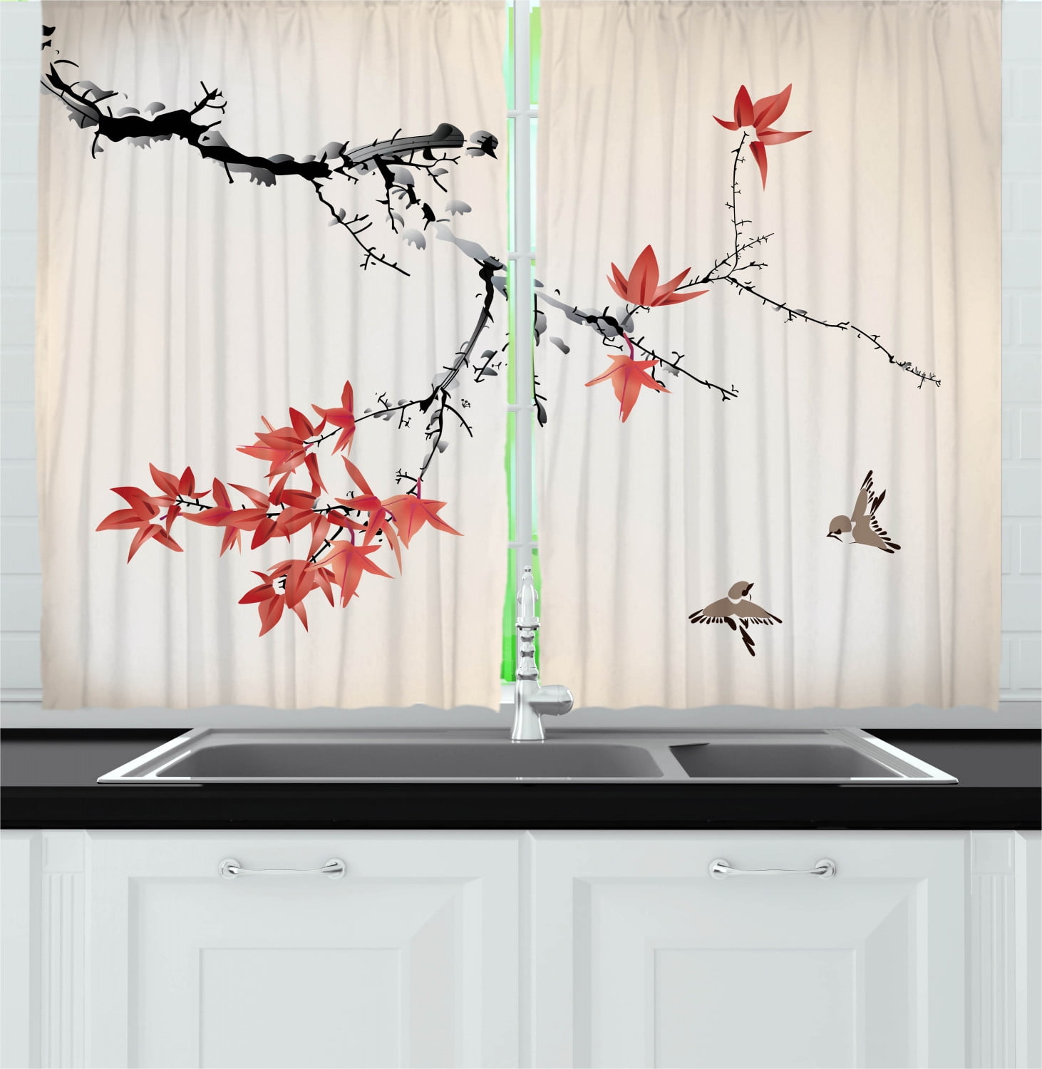 Japanese Cherry Blossom Flower Window Drapes 2 Panel Set Kitchen Curtains 55x39" 