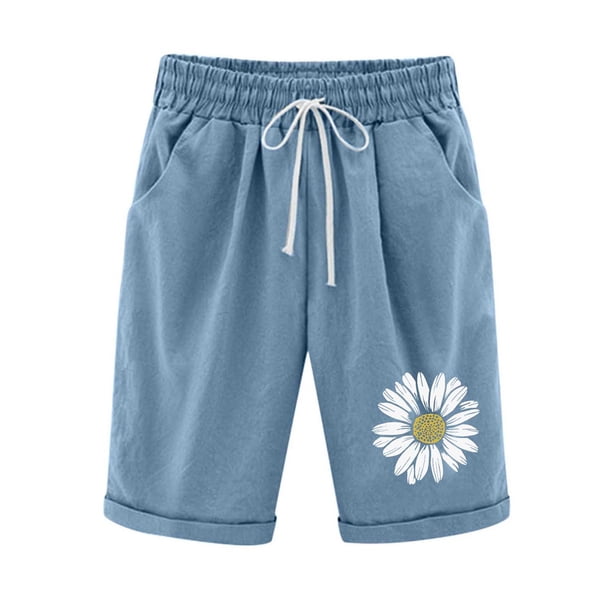 Puntoco Pantalones cortos de algodón para mujer Pantalones cortos de béisbol con cintura elástica y cordón estampado para mujer