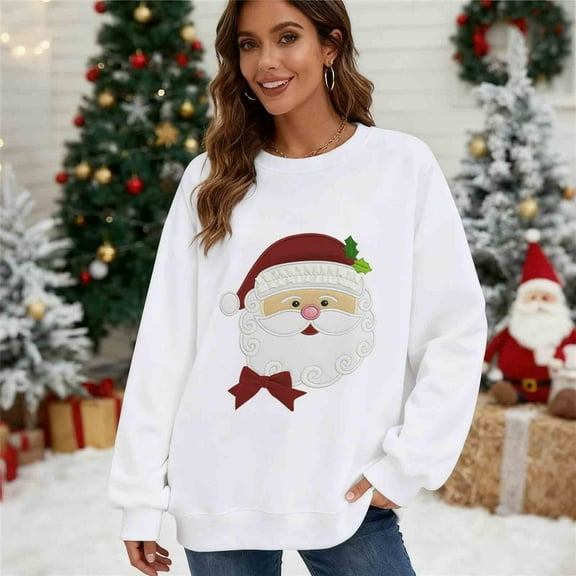 asdoklhq Womens Tops Womens Christmas Print Oversized Sweatshirts Fall Long Sleeve Sweatshirt Red 2X