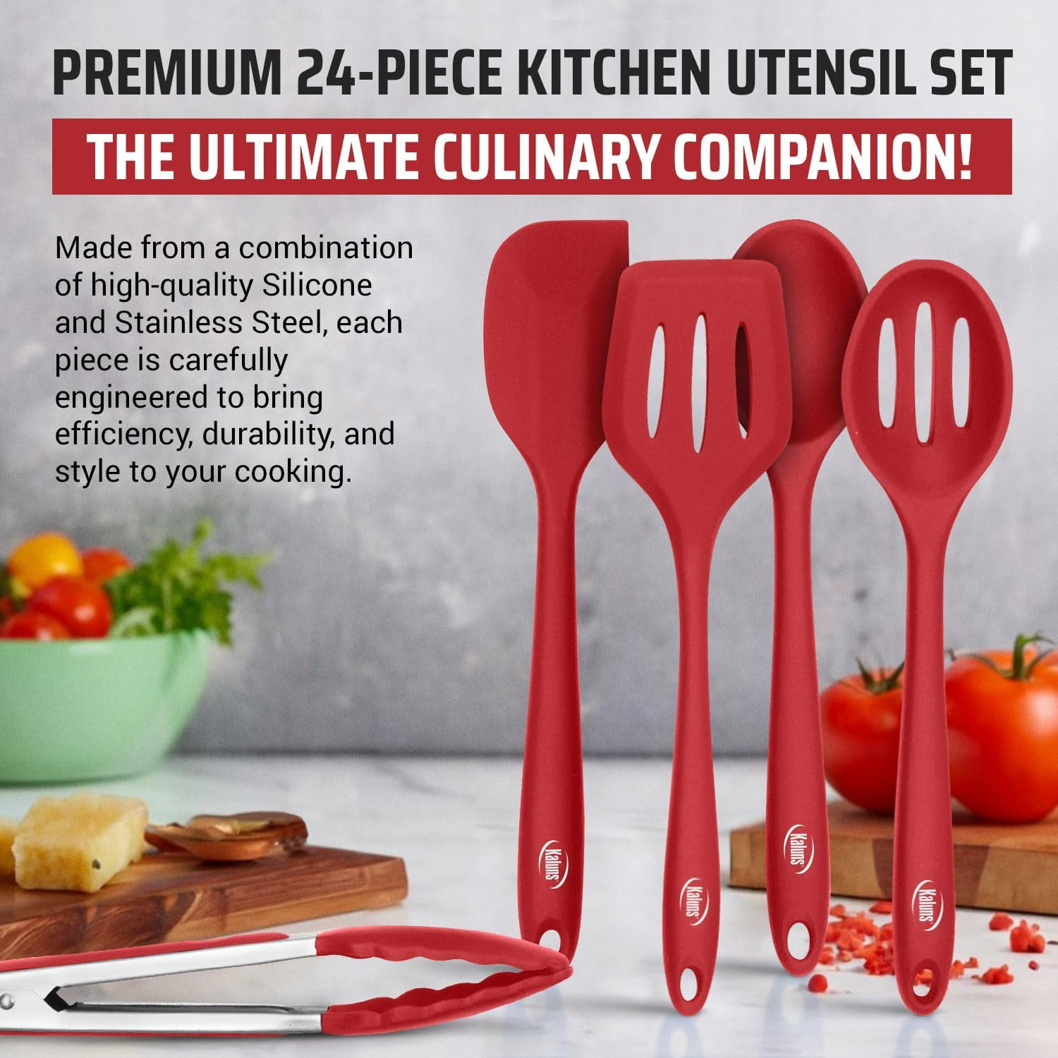 Kaluns Silicone Cooking Utensils Set 24 Pcs - Premium Heat Resistant Cooking Set & Kitchen Essentials - Non-Stick Kitchenware with Stainless Steel Handles