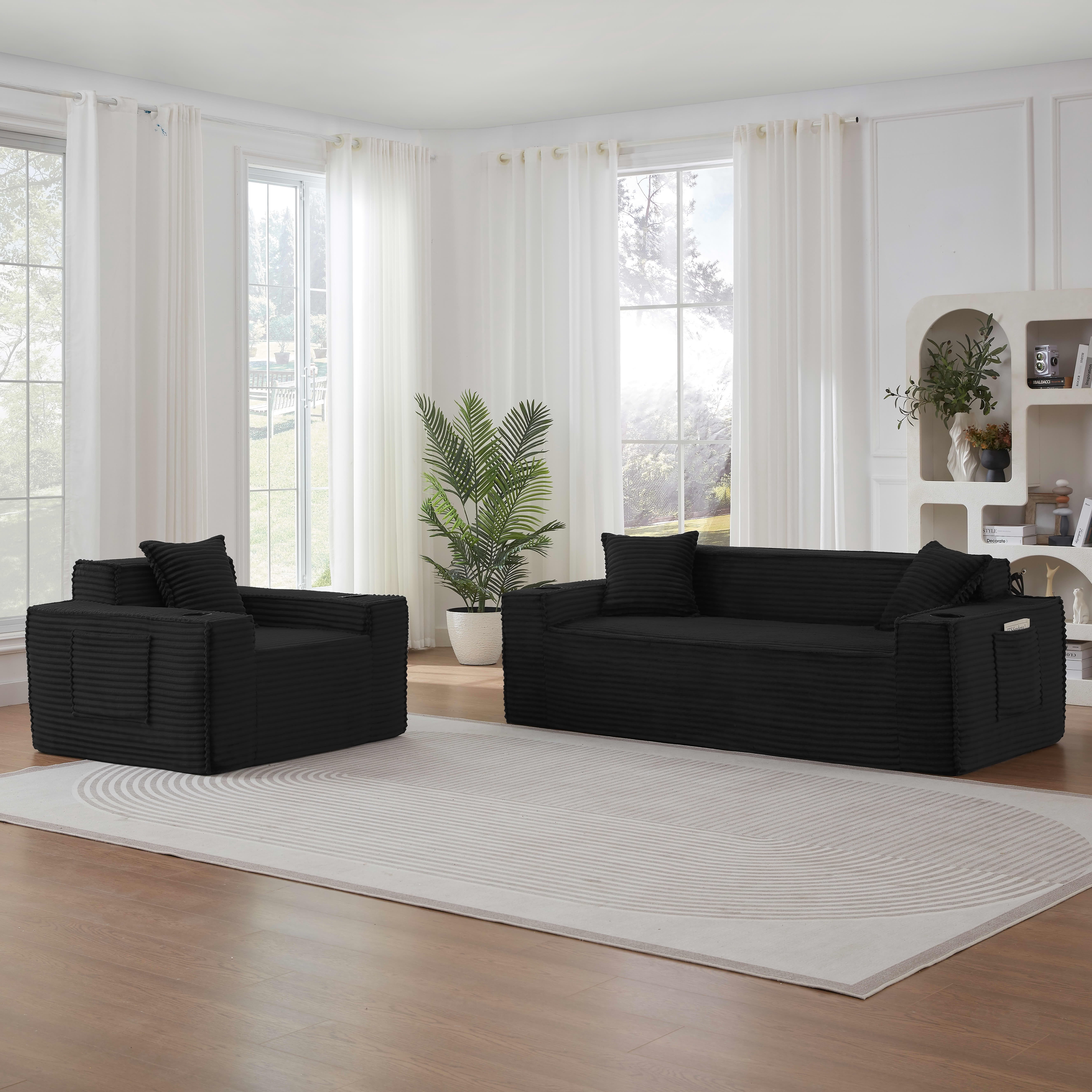 MAYEERTY Minimalist Corduroy Couch, 1-Seater Boneless Sofa with Side Pockets & Cup Holders for Apartments/Offices, Black