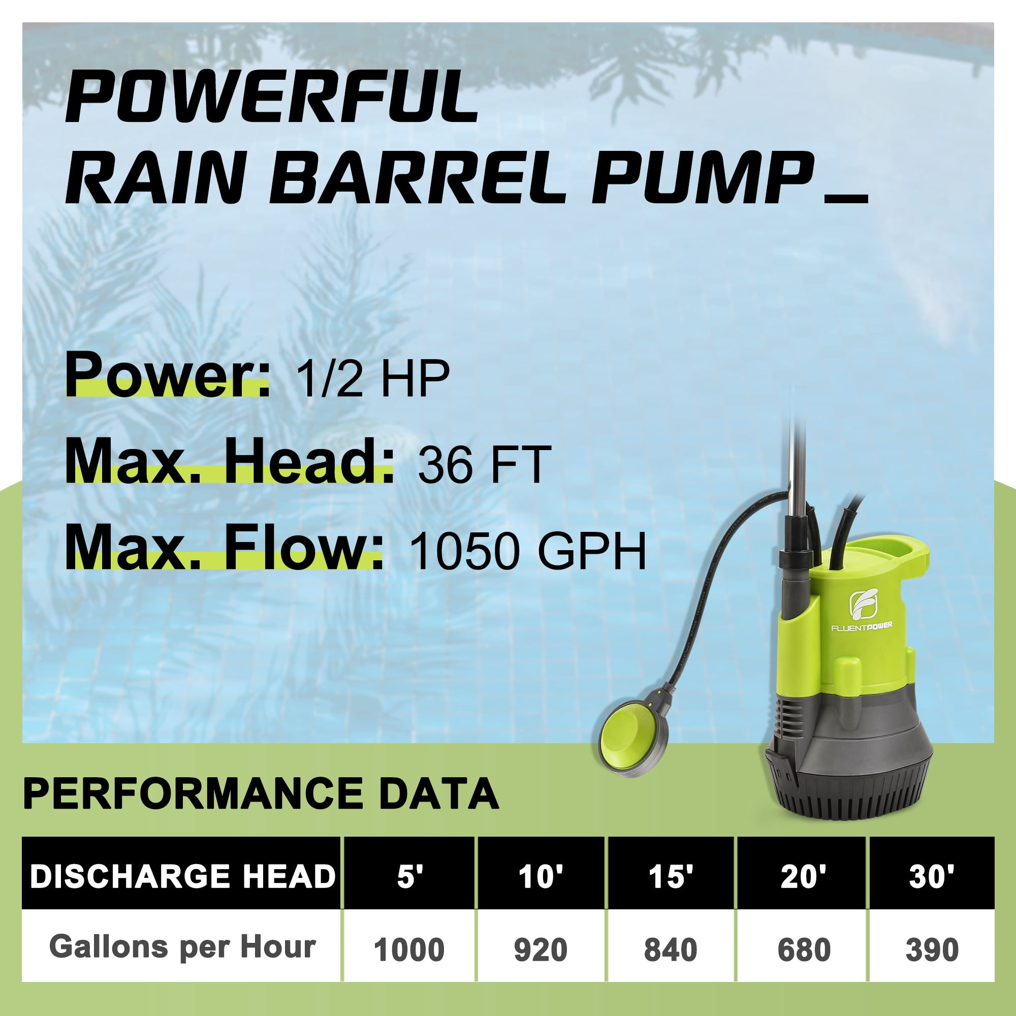 Fluentpower 1/2HP Submersible Water Butt Pump, Rain Barrel Pump 1050 GPH with Float Switch and 26ft Cable, Drainage Water for Rain Barrel, Ponds, Pools, Cellars and Hot tub