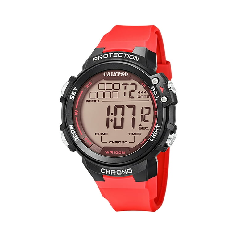 Watch, Chronograph, Calendar, Rubber Date / Day Time, Hourly Chime Timer, Strap, Dual Digital 56mm Light, Calypso Mens Sports