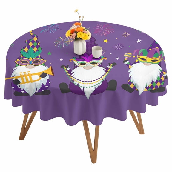 Mardi Gras Round Tablecloth 60 inches Carnival Gnome Mask Deep Purple Theme Waterproof Oil-Proof Table Cloth Round Table Cover for Holiday Party Picnic Dinner Decor Indoor and Outdoor Use