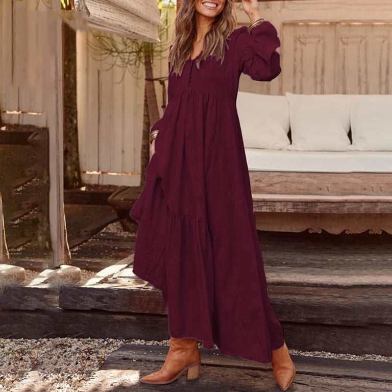 NAFUU Womens Dresses V Neck Long Sleeve Maxi Dress Empire Waist Flowy Long  Dress Solid Color Vintage Casual Sundress With Pockets Classic Leggings -  Walmart.com
