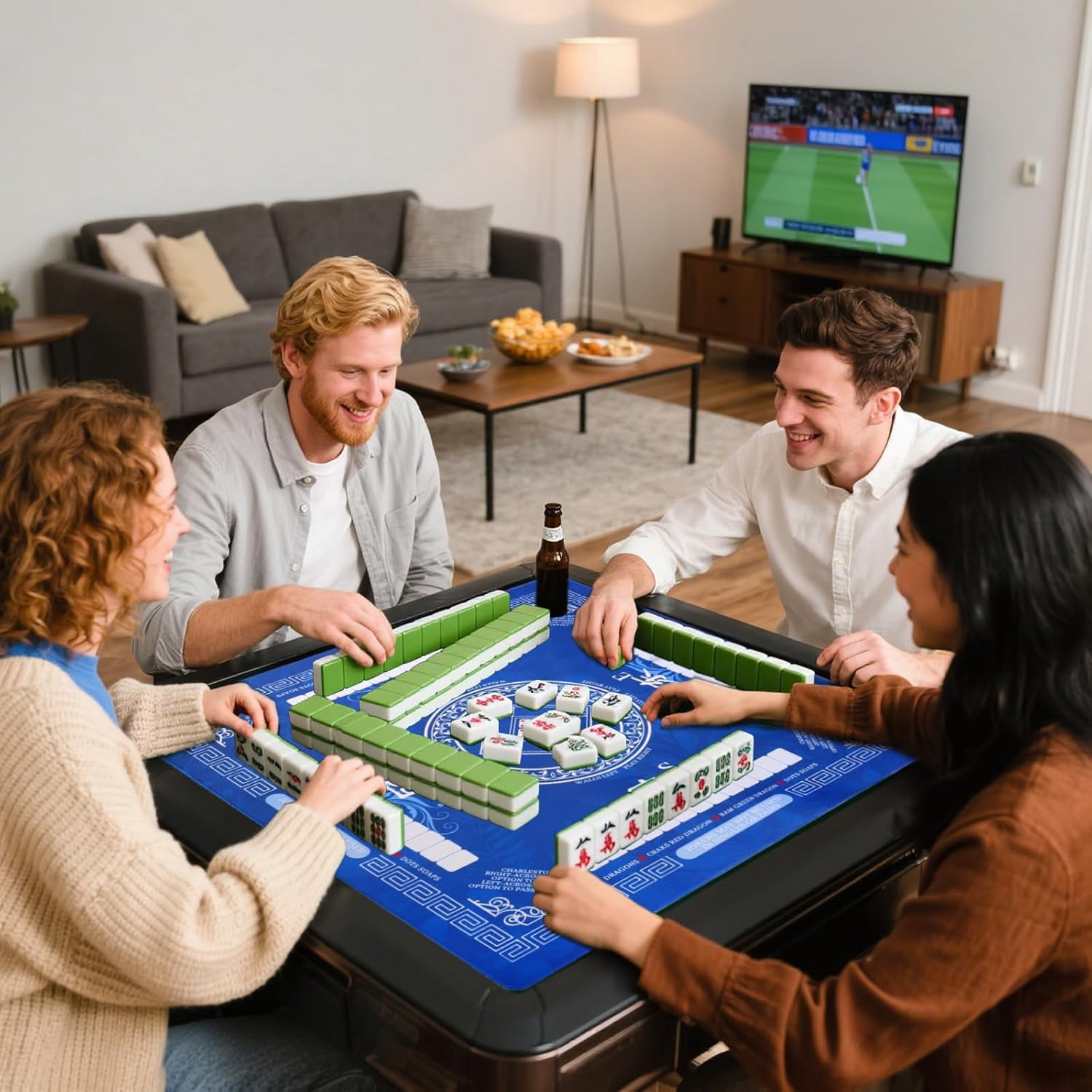 Mahjong Mat for Table, Non-Slip Noise Reduction Mahjong Table Cove 31.5x31.5 Inch Portable Gaming Mat for Poker/Cards/Board Games/Tile Games, Mahjong Tablecloth with Carrying Bag (Blue)
