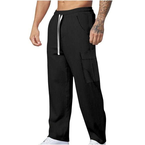 Pisexur Men's Pants Solid Color Elastic Waist Cargo Pants Multi Pockets Drawstring Gym Hiking Pants Casual Baggy Cotton Straight Leg Pants Loose Oversized Work Pants Plus Size Sweatpants S-3XL