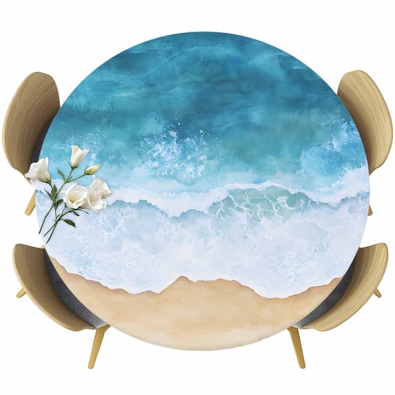 Aqua Beach Coastal Round Tablecloth 45-54 Inch Round Fitted Table Cloth with Elastic Edge, Nautical Summer Seaside Ocean Waterproof Table Cover Protector for Outdoor Picnic Party Dining