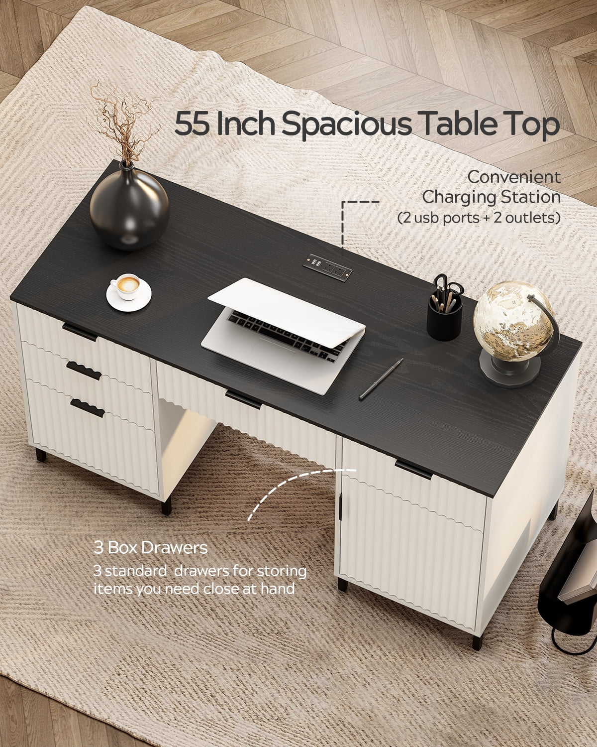 EYYTHUNG 55" Fluted Executive Desk, Modern Wood Computer Writing Desk Home Office Desk with Charging Station, Keyboard Tray, File Drawer, Storage Cabinet White