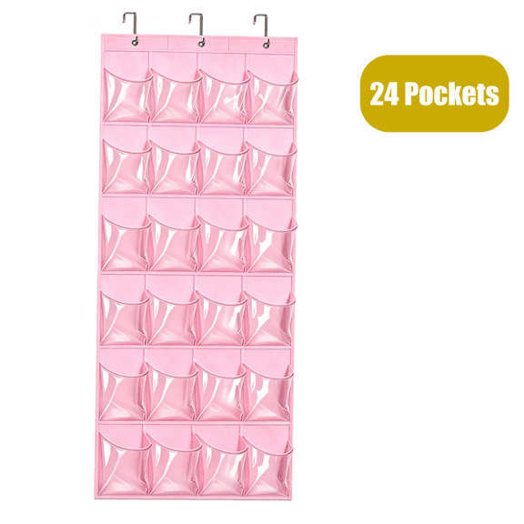 Bonison Over-the-Door Shoe Organizer with 24 Crystal Clear Pockets, Closet Rack Hanger for Shoes, Pantry and Bathroom Accessories 64" x 18.5" Pink