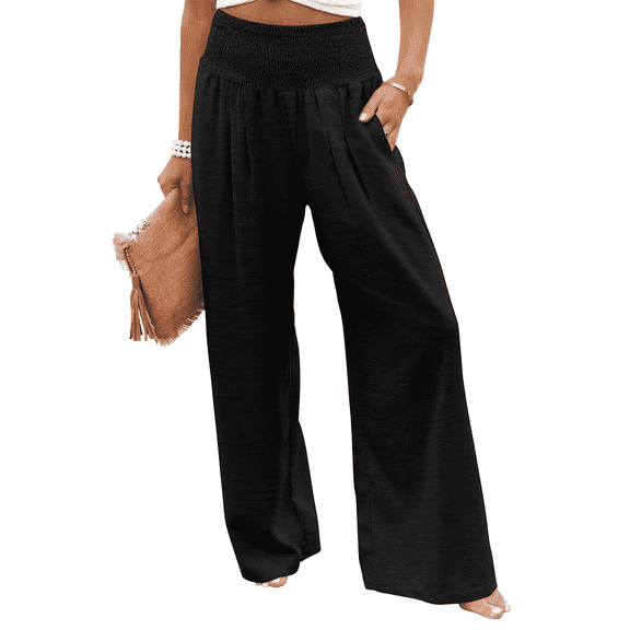 SOMER Women’s Wide Leg Palazzo Pants High Waisted Elastic Waist Casual Lounge Pants Trousers with Pockets Black XL