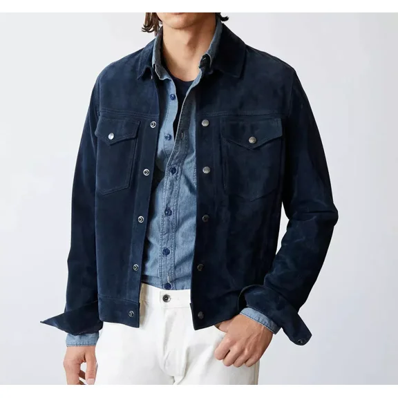 Abez Men's Navy Blue Racer Leather Jacket Pure Suede Cafe Biker Motar Jacket Party Wear Jacket