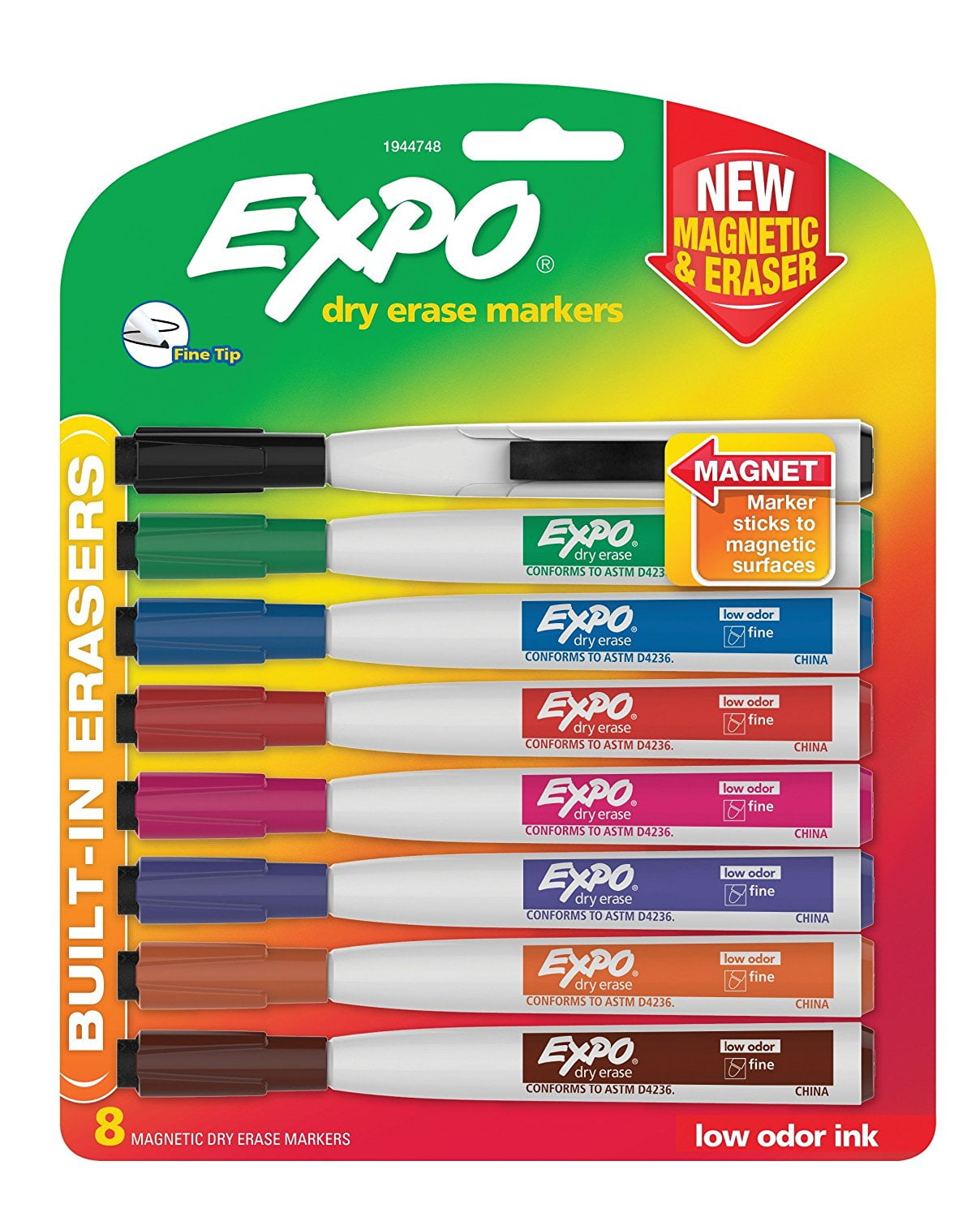EXPO Magnetic Dry Erase Markers with Eraser, Fine Tip, Assorted Colors, 8-Count