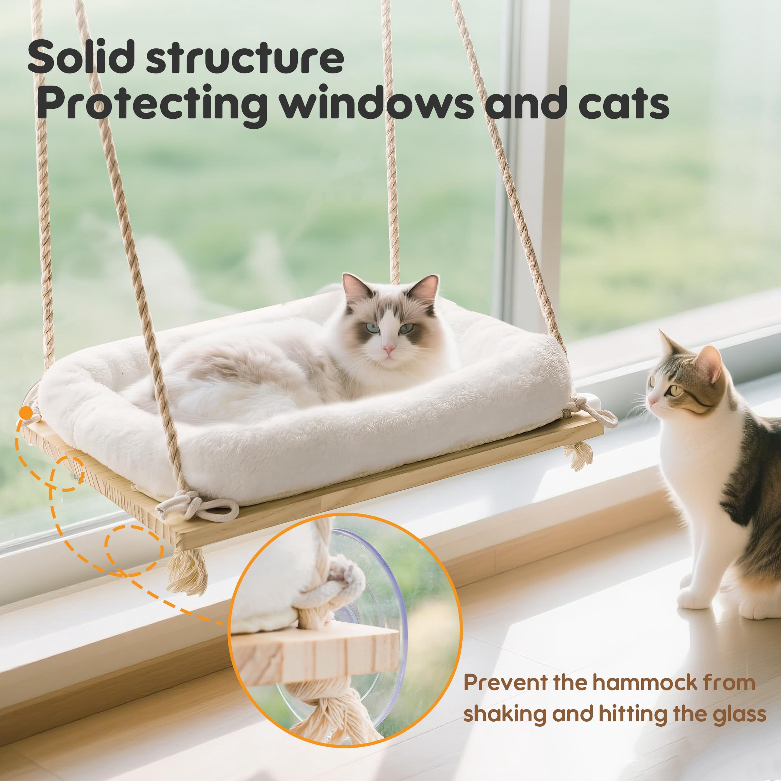 Cat Window Perch  Hammock Bed With Solid Wood Seat 4 Heavy Duty Suction Cups Plush Cushion Indoor Pet For Cats Large