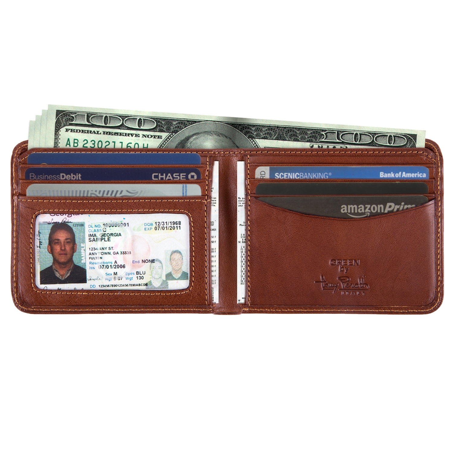 Mens Leather Bifold Hipster Wallet Large with ID Window Multi Business and Credit Card Holder Slots Made with Real Italian Cowhide Leather by Tony Perotti 