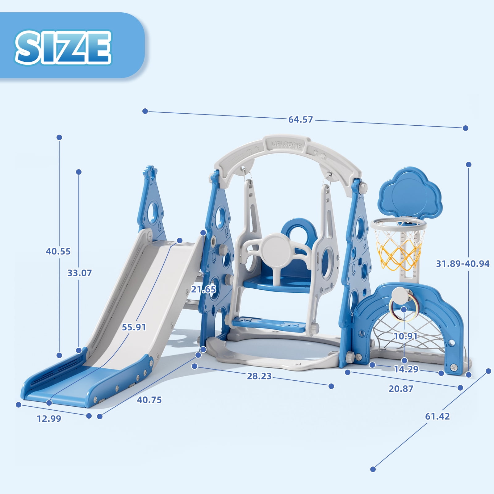 XJD 6-in-1 Toddler Slide and Swing Set, Kids Indoor Outdoor Playset with Basketball Hoop, Backyard Playground for Toddlers 1-3 Years Old, Blue