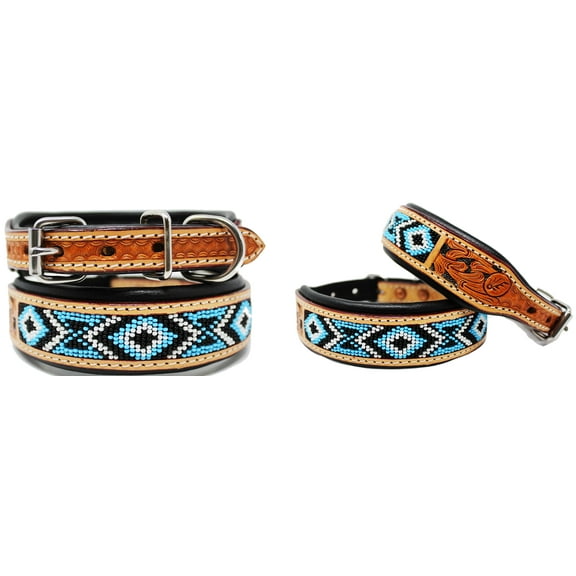 Small 13''- 17'' Challenger Hand Tooled 100% Cow Leather Canine Puppy Dog Collar 6058