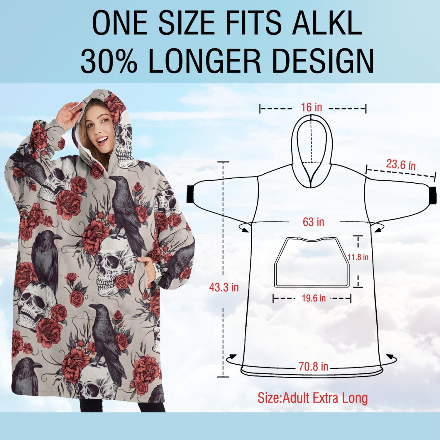 Oversized Wearable Blanket Hoodie,Beige Skull Crow Flower Pattern Sherpa Blanket Hoodie with Super Pockets,Super Warm Fuzzy Pullover for Women & Men