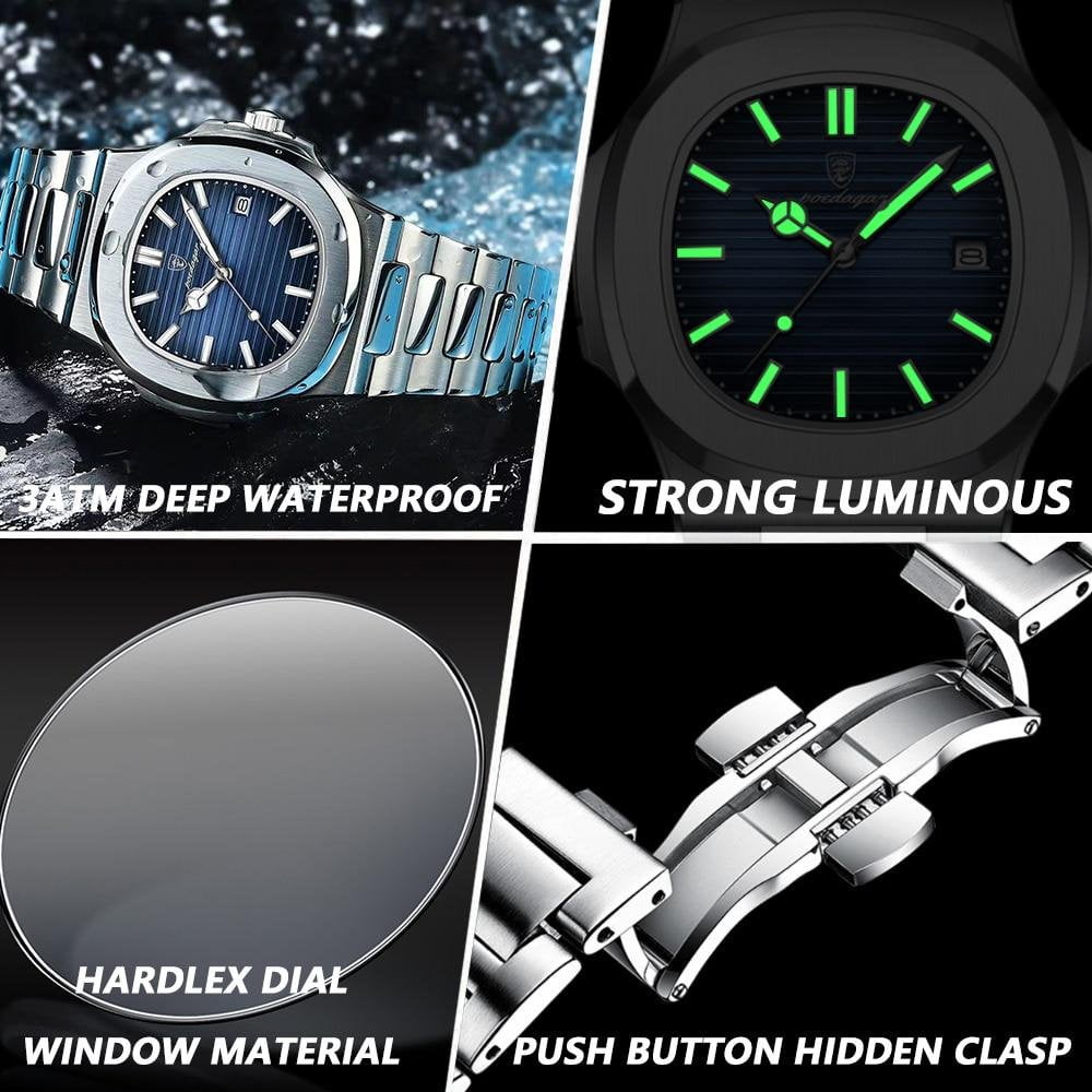 POEDAGAR New Luxury Rose Gold Quartz Watch for Men Stainless Steel Sports Waterproof Luminous Date Fashion Square Men's Watches