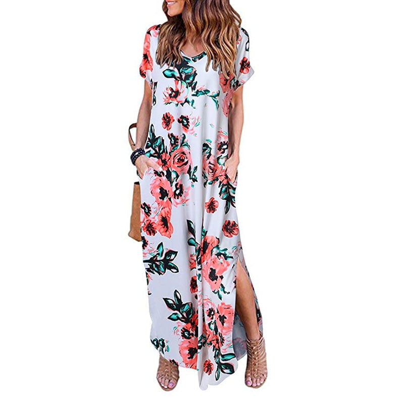 Vista Women's Casual Pocket Beach Long Dress Short Sleeve Split Loose Maxi Dress