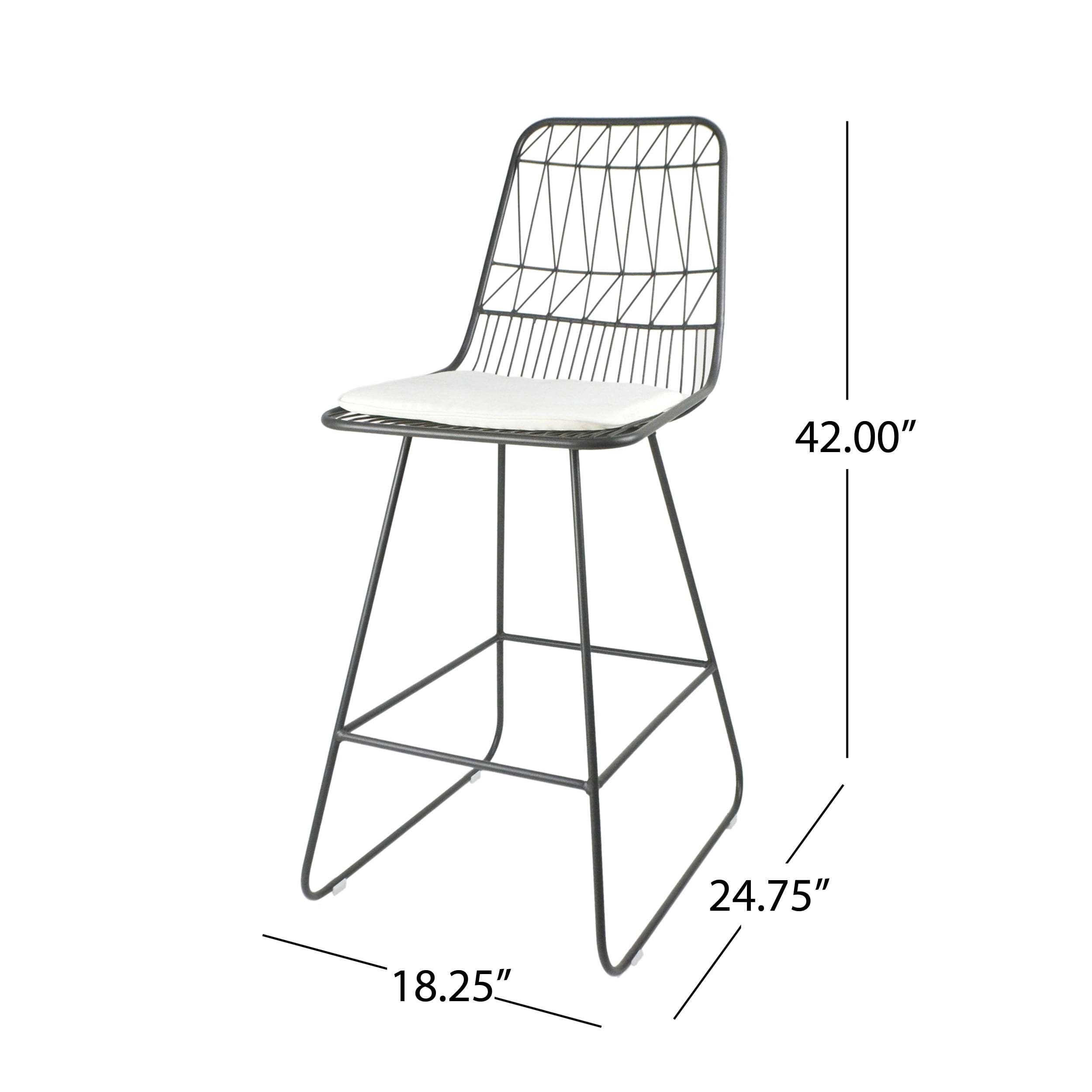 Modern Counter Stools Set of 2 Geometric Wire Bar Stools with Water Resistant Cushions for Indoor Outdoor Patio Kitchen in Grey Ivory