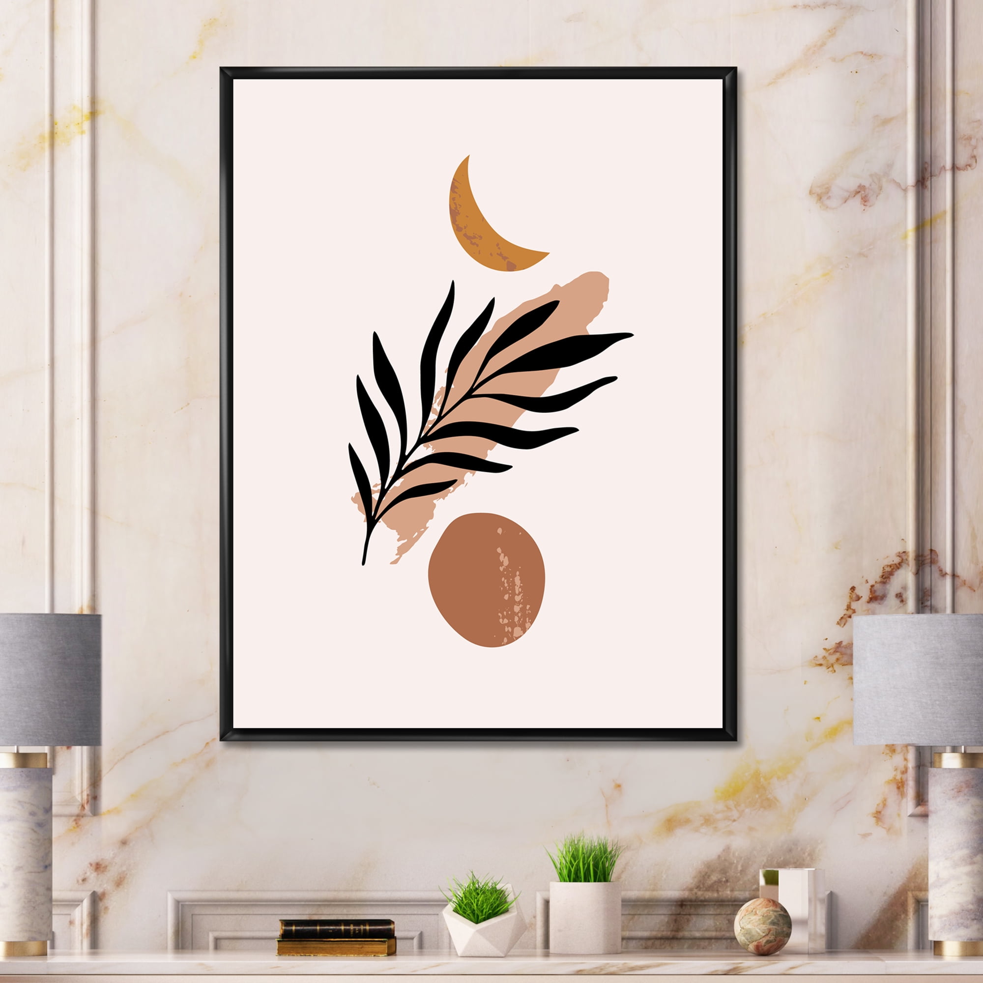 Designart 'Abstact Tropical Palm Leaf, Minimal Sun And Moon I' Modern Framed Canvas Wall Art Print
