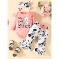 thumbnail image 2 of Suealasg Toddler Baby Girls Fall Outfit 3M 6M 9M 12M 18M Infant Long Sleeve Letters Print Romper +Cow Print Flare Pants +Headband 3PCS Spring Western Clothing Set, 2 of 9
