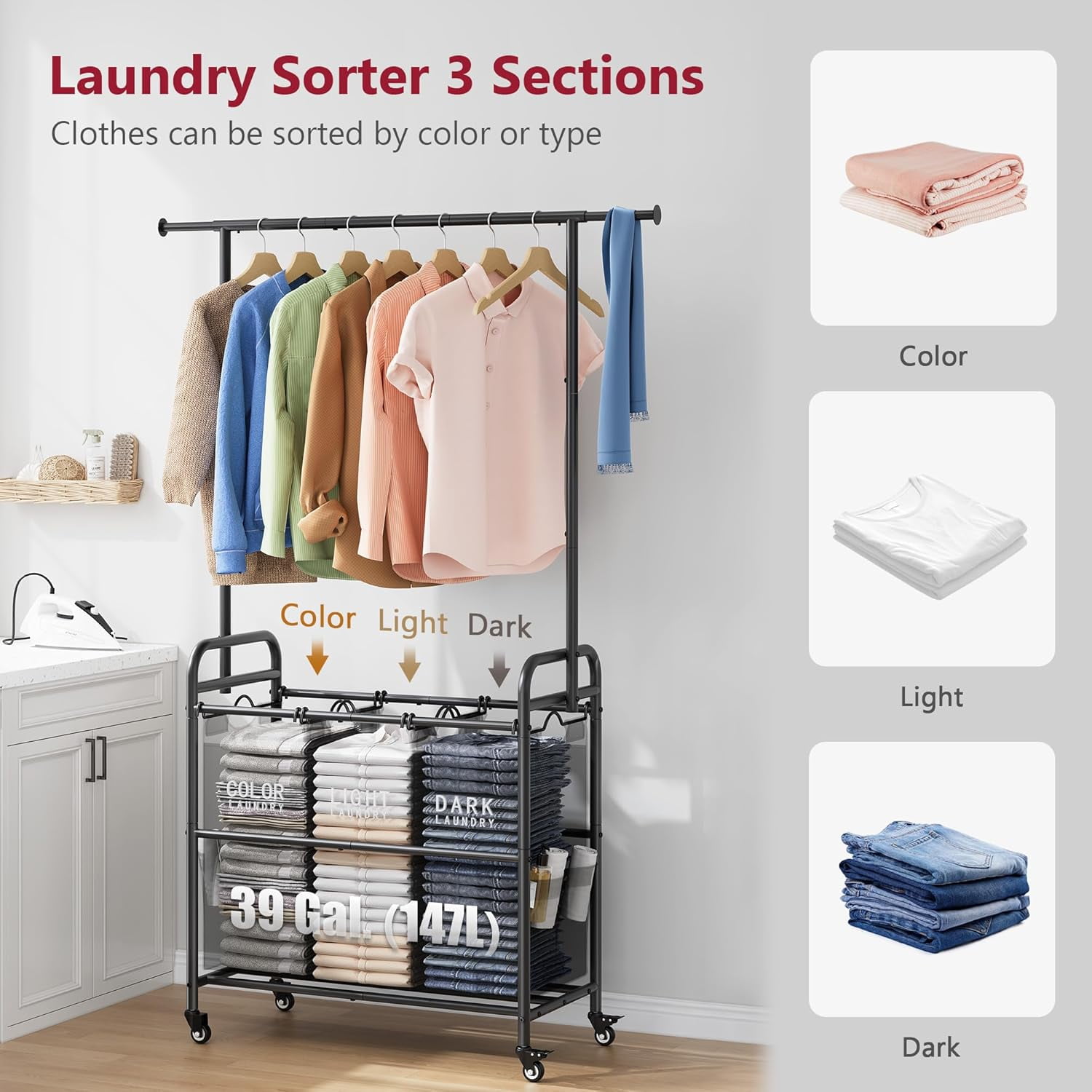 Laundry Sorter Cart with Hanging Rack, Laundry Sorter 3 Section, Laundry Hamper with Heavy Duty Rolling Lockable Wheels, Black