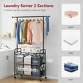 thumbnail image 3 of Laundry Sorter Cart with Hanging Rack, Laundry Sorter 3 Section, Laundry Hamper with Heavy Duty Rolling Lockable Wheels, Black, 3 of 14