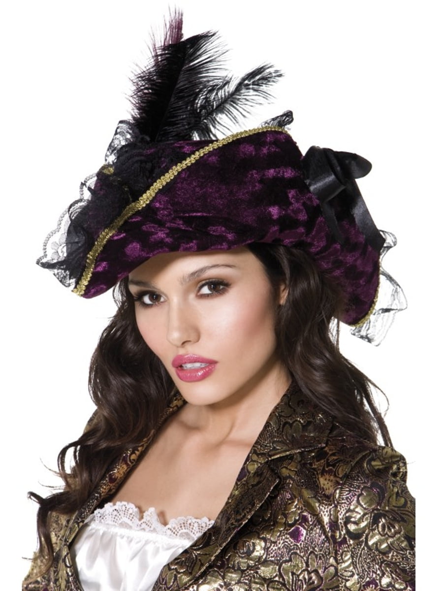 Adult Ladies Black Pirate Captain Hat & Feather Fancy Dress Caribbean Halloween 