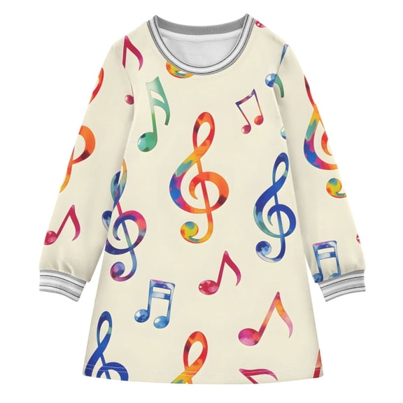 Colorful Music Notes Long-sleeved Dress A-line One-Piece Dress for 2-8 Years Casual Party 2T