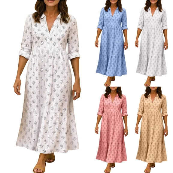 Smsaxvxz Women's Summer Plus Size Dresses Fashion Floral Printed V Neck Long Sleeve Casual Loose Beach Vacation Maxi Shirt Sundress White M