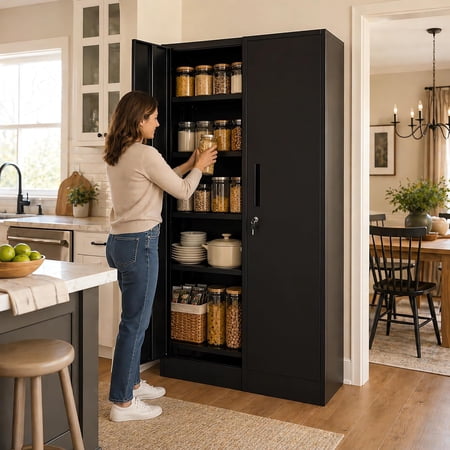 IKIMI 72" Metal Garage Storage Cabinet with 4 Adjustable Shelves and Locking Doors, Tall Freestanding Garage Cabinet for Office, Home, Kitchen, Black(72“H x 36“W x 18" D)
