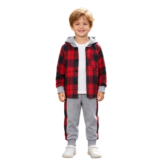 Emitonse Baby Boys Outfits Plaid Hooded Shirt Trousers 2Pcs Set Size 3T-7T Cotton Blend Long Sleeve Casual Homewear Winter Attire Size 4 Years,E