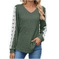 thumbnail image 3 of Loopsun Womens Fall Tops, Long Sleeve T Shirts for Women, Women's Casual Loose Solid V-neck Long Sleeve Lace T-shirt Top Army Green, M, 3 of 5