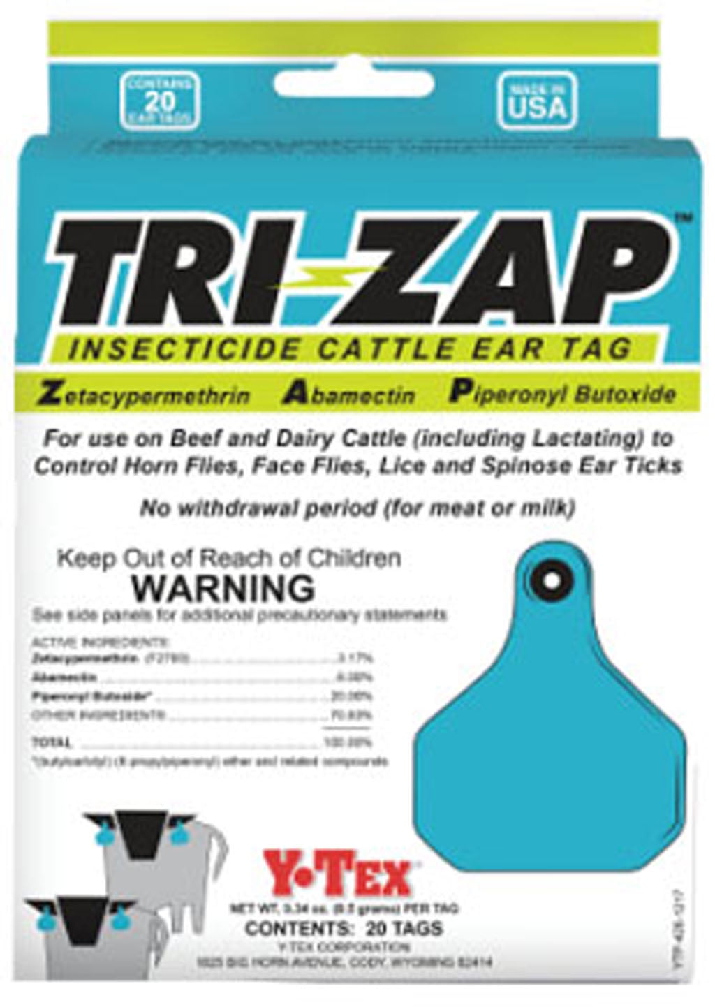 Tri-Zap Insecticide Fly Cattle Ear Tags 20 Count No Withdrawl