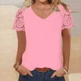 thumbnail image 2 of DHFJKG Women's Short Sleeve T Shirt V Neck Patchwork Lace Crochet Solid Color Summer Fashion Tee Casual Dressy Work Tunic Trendy Tops, 2 of 8