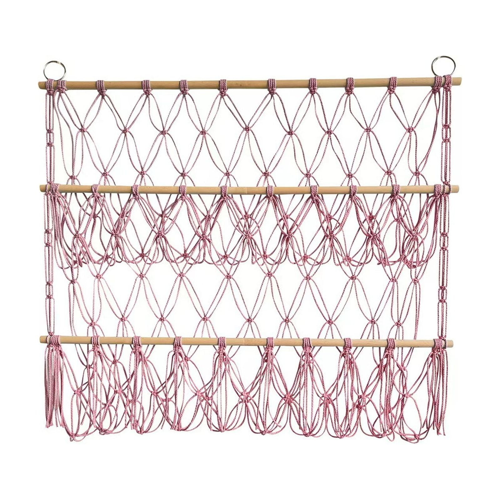 2 Tier Stuffed Animal Storage Shelf Net, 31x30'' Large Plushie Net for Mini Medium Stuffy Teddy, Rainbow Boho Macrame Toy Holder Display w/ Lights&Clips for Nursery Kid Girl Boy