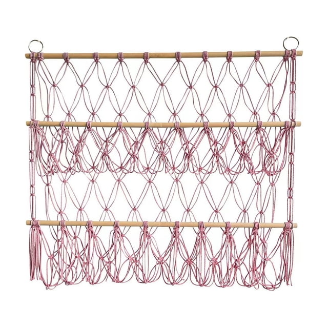 Layer Functional Storage Rack Hand Woven Net Wooden Rod Transparent Mesh Hanging Design for Baby Children Bedroom Nursery Organizer