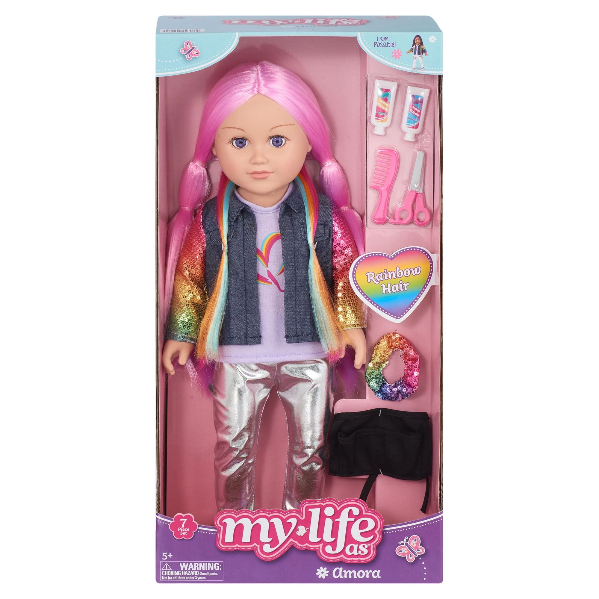 My Life As Amora Hairstylist Posable 18-inch Doll, Pink Hair, Purple Eyes