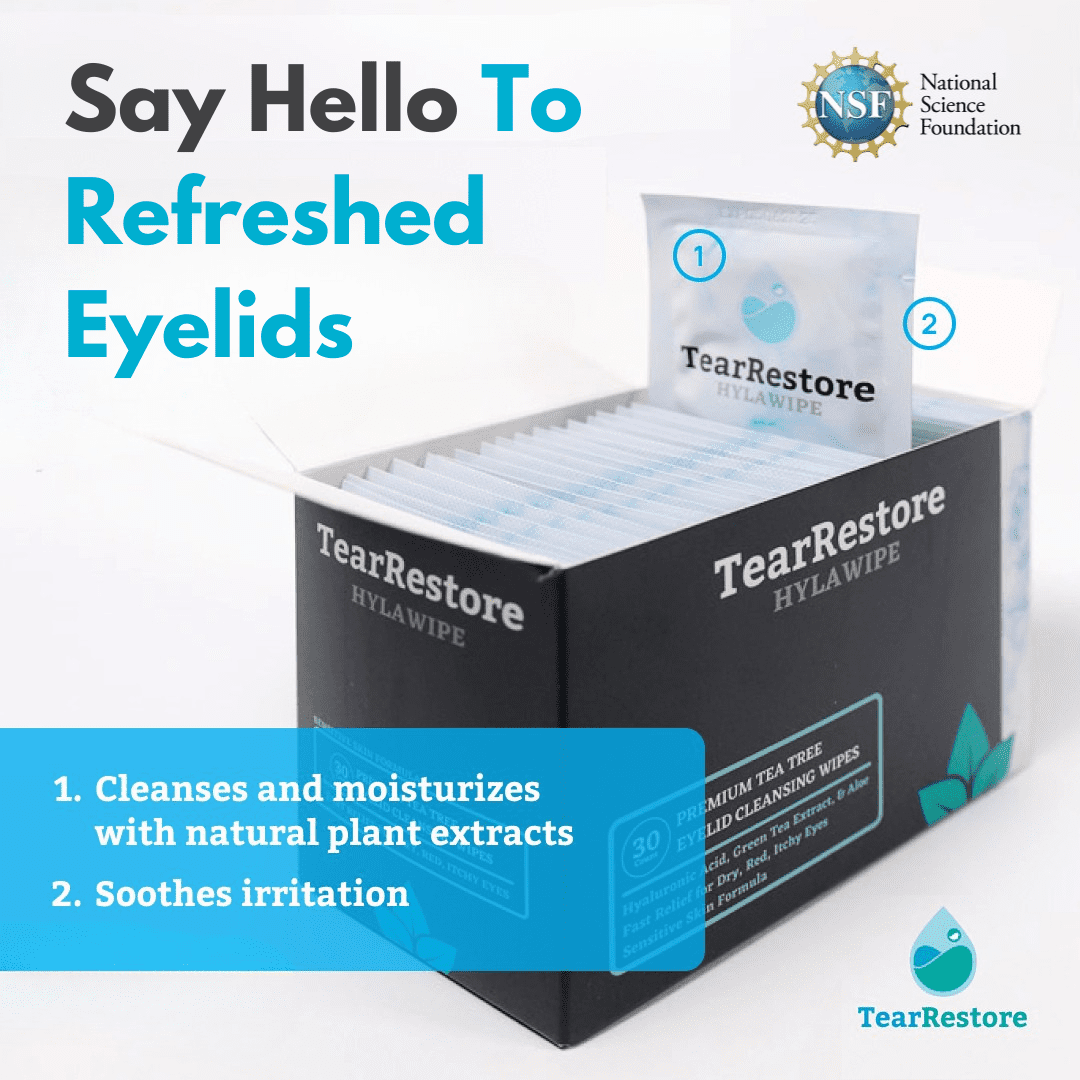 (3 pack) TearRestore HylaWipe Eyelid Wipes for Dry, Red, Itchy Eyes. Hypoallergenic Natural Tea Tree Cleanser, 30 Count
