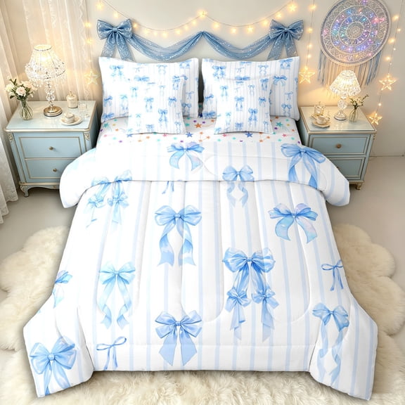 Manfei Blue Ribbon Bow Twin Bedding Sets 7-Piece for Kids Girls,Teens Female Geometric Stripes Bedding Comforter Set,Super Cozy Room Decor
