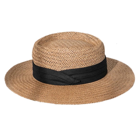 Yihuala Women Men Woven Straw for Sun Hat Flat Wide Brim Ribbon Outdoor Sunscreen Adjustable Panama Boater Beach