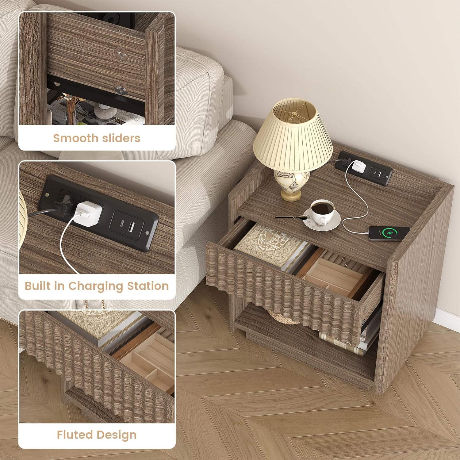 Winkalon Fluted Nightstands for Bedroom, Farmhouse Bedside Tables with Drawer & Open Shelf, Wood End Table for Living Room,Walnut