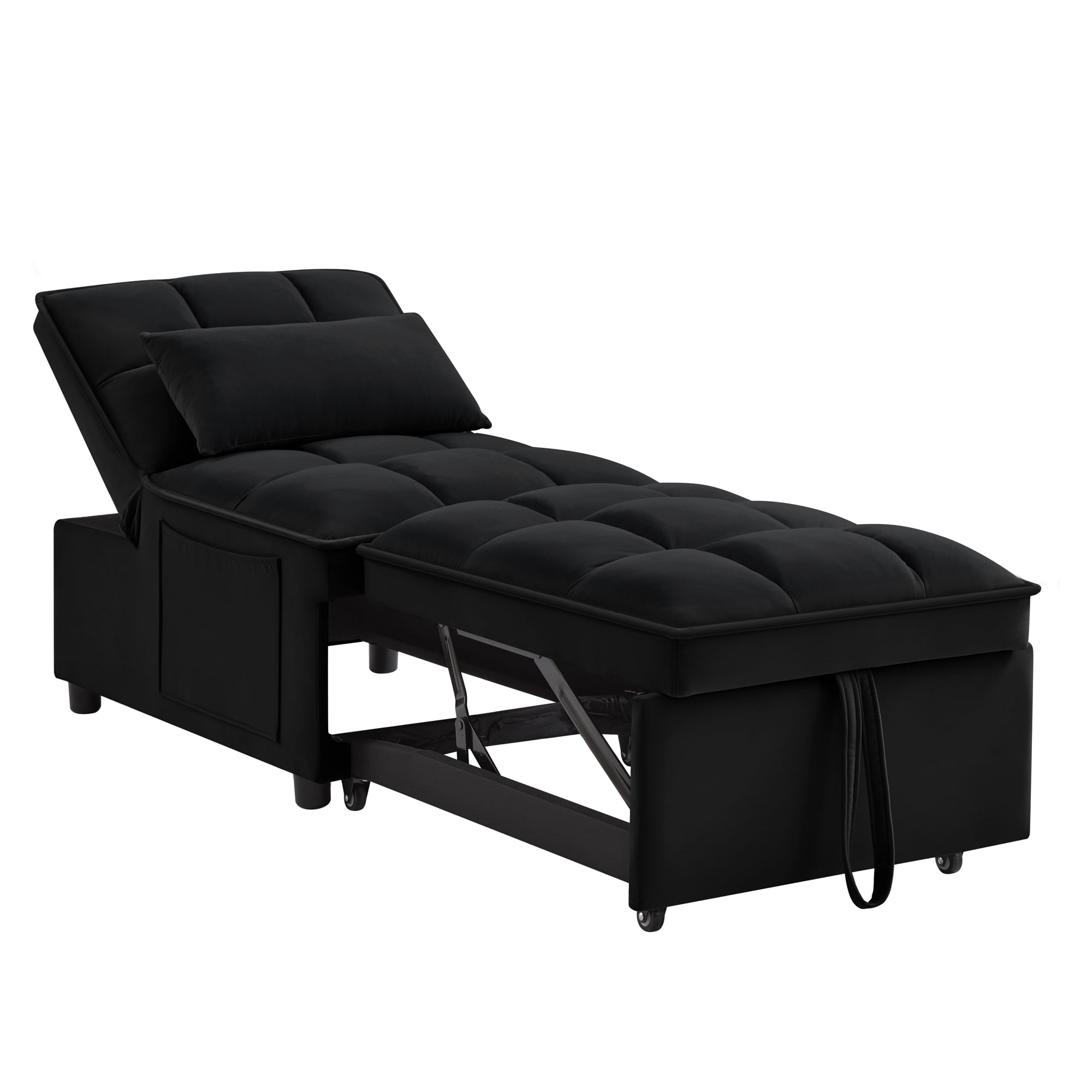 Miniyam 4 in 1 Tufted Single Sofa Bed with Storage Pockets, Convertible Chaise Lounge, Black