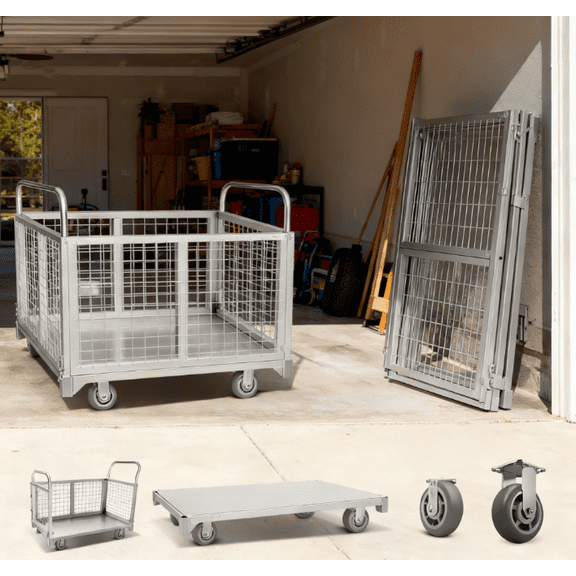 4-in-1 Platform Truck Cart with Cage, Multi-Purpose Heavy Duty Steel Flatbed Cart with 2200lbs Capacity Platform Hand Truck 6" Wheels Push Cart Dolly for Groceries, Garage, Warehouse (41“L x 24" W)