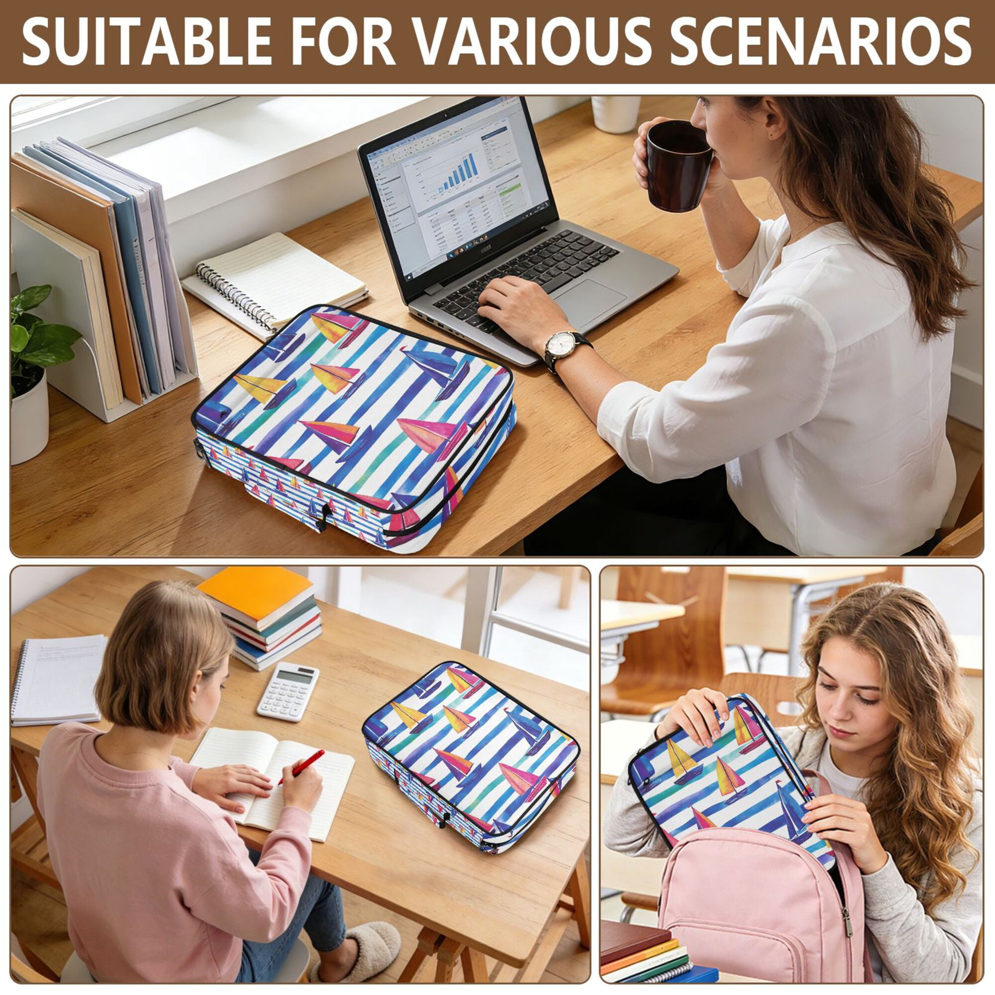 FORMRS Accordion File Folder A4 Size 7-Pocket Expanding Document Organizer Bag with 3 Ring Binder, Blue Hand Drawn Sailboats